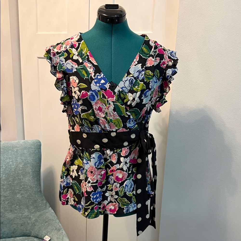 Odille Multicolor Floral Wrap Blouse with Black Polka Dot Belt - Anthropologie